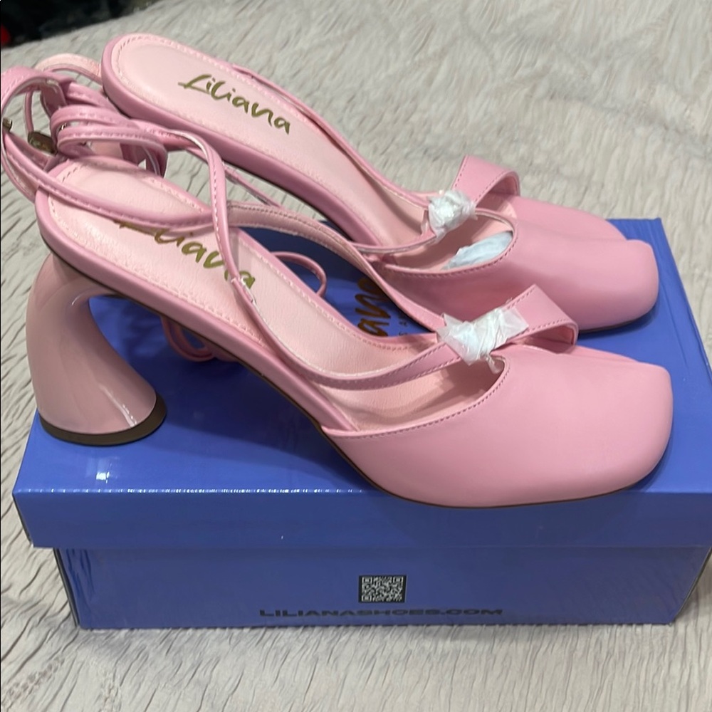 Liliana Pink Lace up Block Heel Pumps